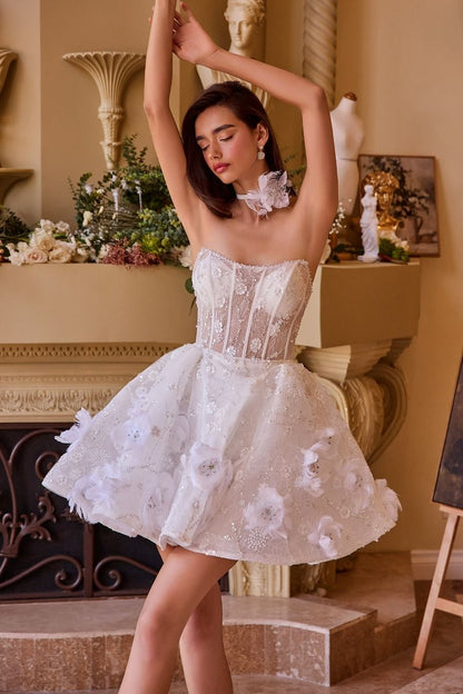White Strapless Corset Mini Dress with 3D Floral Appliqué – Bridal Shower & Reception Dress