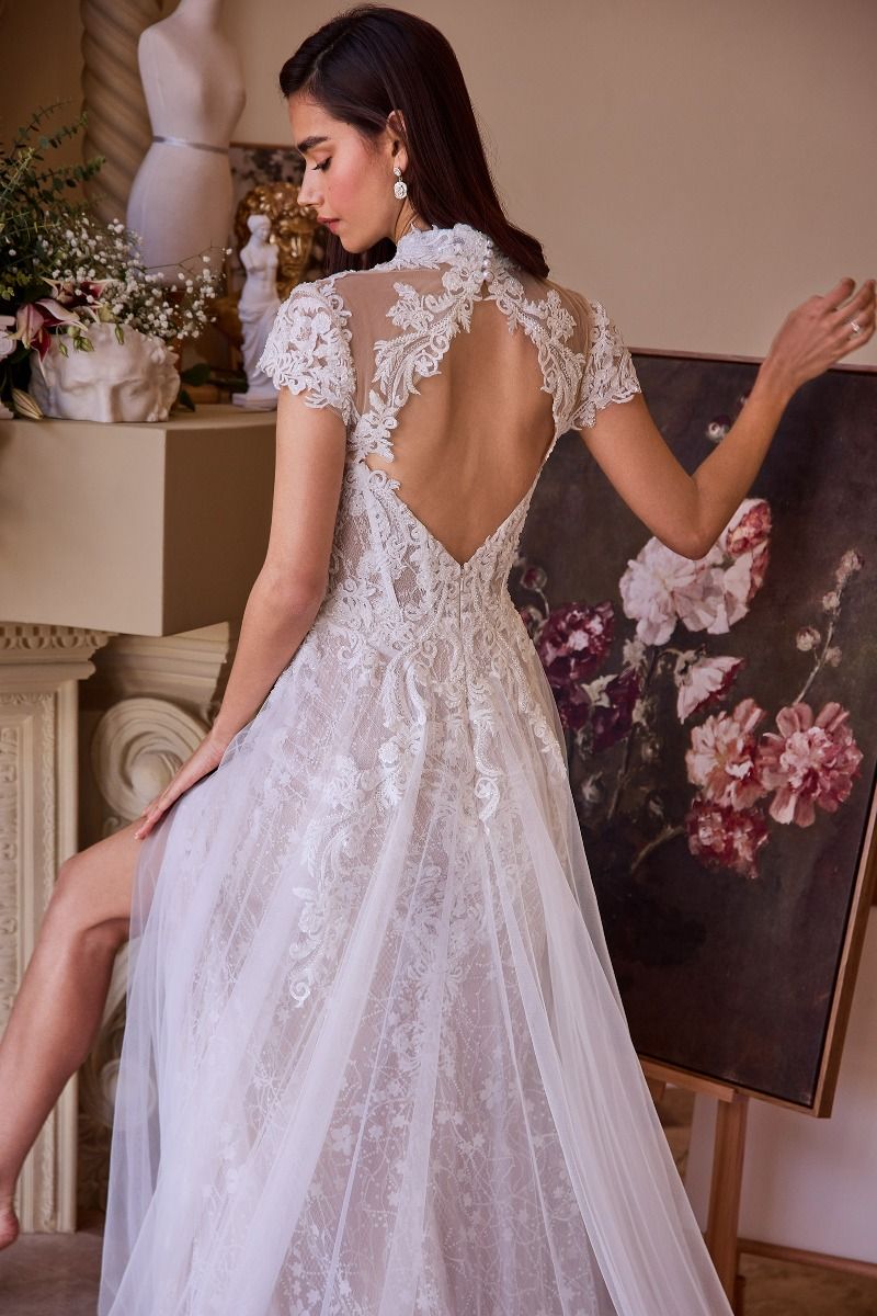 High Neck Illusion Lace Wedding Dress with Sheer Cape Overlay and Side Slit CDWL035-2