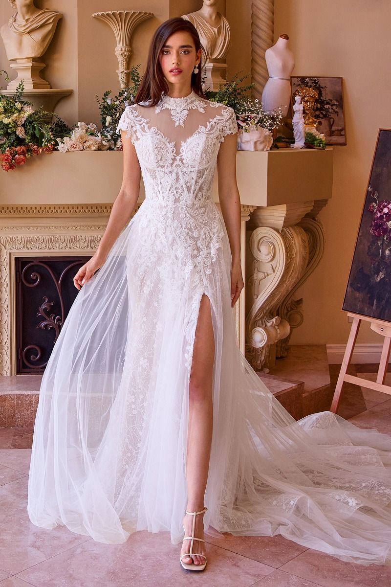 High Neck Illusion Lace Wedding Dress with Sheer Cape Overlay and Side Slit CDWL035-1