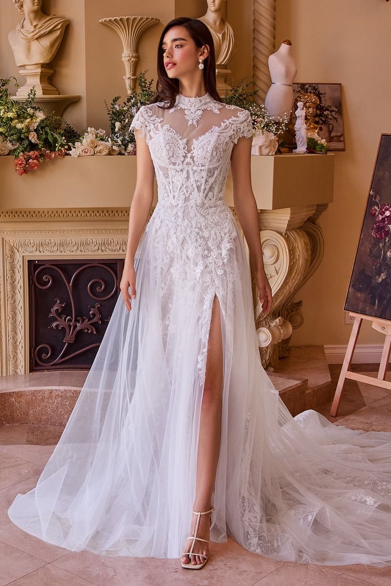 High Neck Illusion Lace Wedding Dress with Sheer Cape Overlay and Side Slit CDWL035-4
