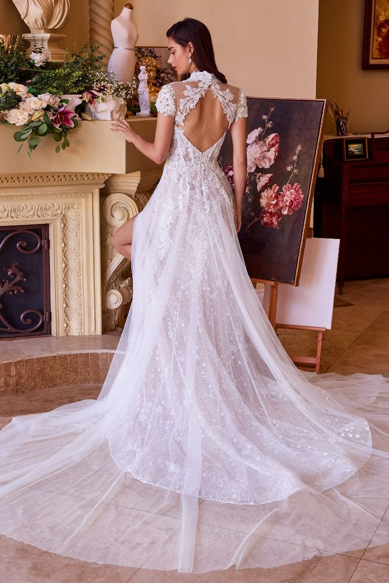 High Neck Illusion Lace Wedding Dress with Sheer Cape Overlay and Side Slit CDWL035-3