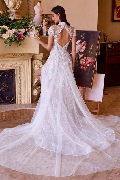 High Neck Illusion Lace Wedding Dress with Sheer Cape Overlay and Side Slit CDWL035-3