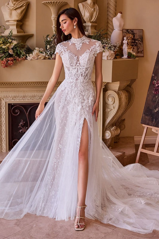 High Neck Illusion Lace Wedding Dress with Sheer Cape Overlay and Side Slit CDWL035-0
