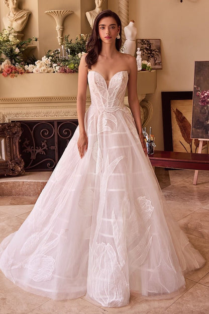 Strapless Floral Lace Embellihsed Off White Wedding Tulle Gown w/ Strapless Design CDWL043-0