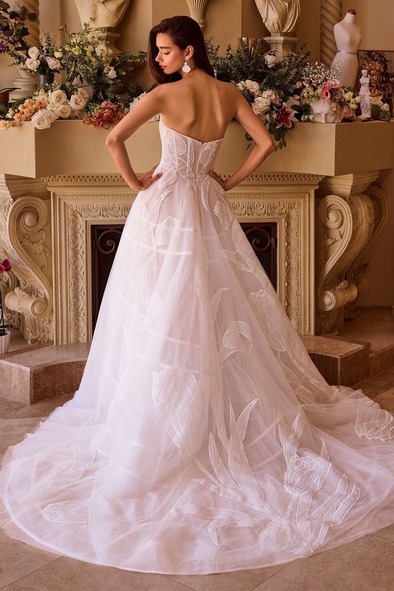 Strapless Floral Lace Embellihsed Off White Wedding Tulle Gown w/ Strapless Design CDWL043-2