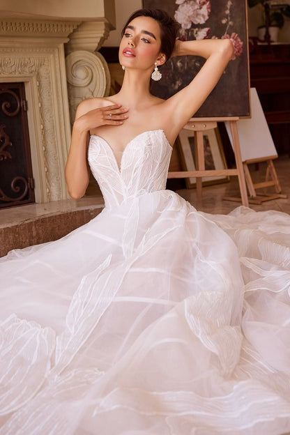 Strapless Floral Lace Embellihsed Off White Wedding Tulle Gown w/ Strapless Design CDWL043-3