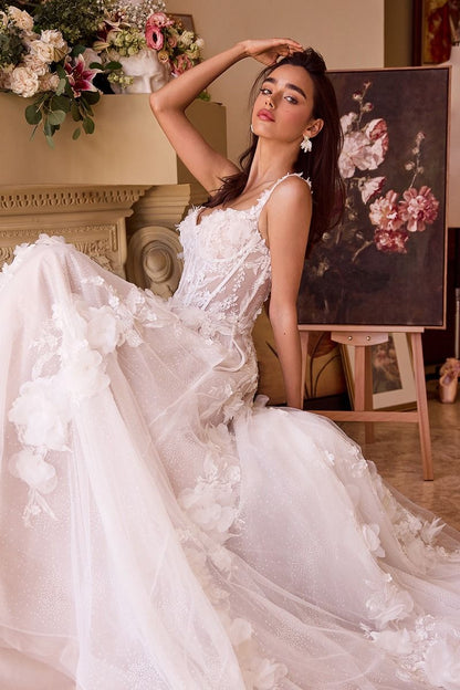 Floral Lace Appliqué Wedding Dress with Illusion Corset Bodice – Romantic A-Line Gown  CDWL045-2