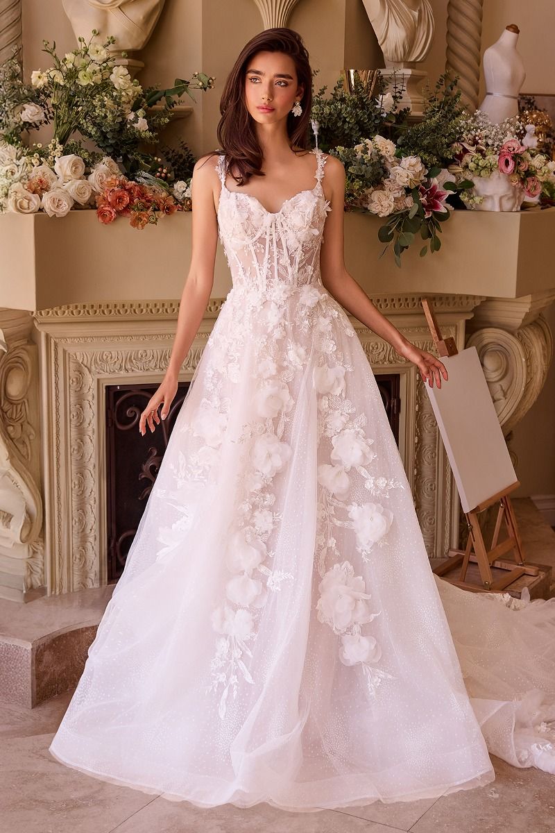 Floral Lace Appliqué Wedding Dress with Illusion Corset Bodice – Romantic A-Line Gown  CDWL045-1