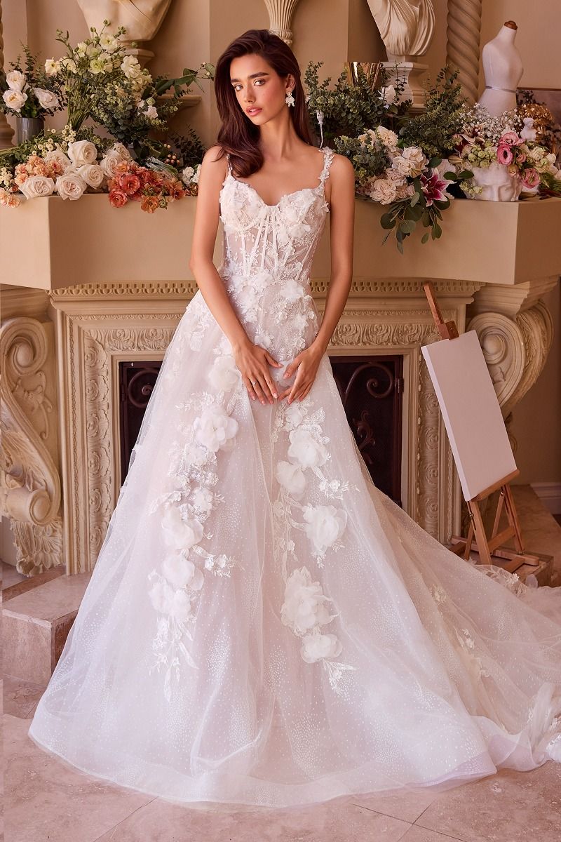 Floral Lace Appliqué Wedding Dress with Illusion Corset Bodice – Romantic A-Line Gown  CDWL045-4