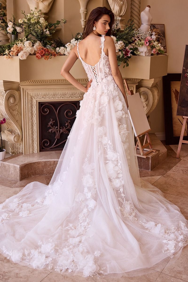 Floral Lace Appliqué Wedding Dress with Illusion Corset Bodice – Romantic A-Line Gown  CDWL045-3