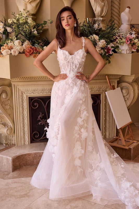 Floral Lace Appliqué Wedding Dress with Illusion Corset Bodice – Romantic A-Line Gown  CDWL045-0