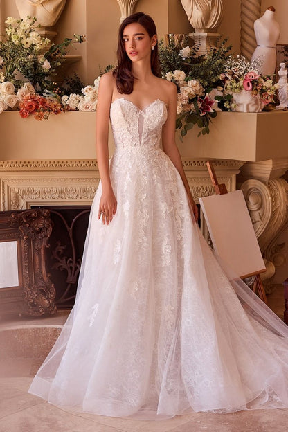 Romantic Strapless A-Line Lace Wedding Gown with Tulle Skirt-0