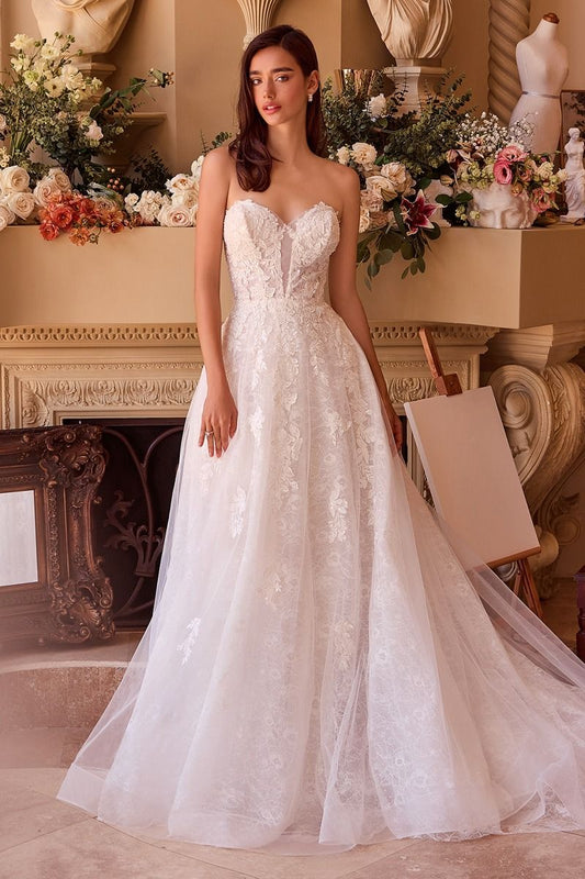Romantic Strapless A-Line Lace Wedding Gown with Tulle Skirt-0