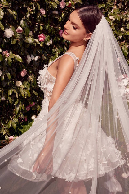Short 3D Floral Applqiue Embellished Wedding Dress w/ Sheer Beaded Bodice CDWL081-2