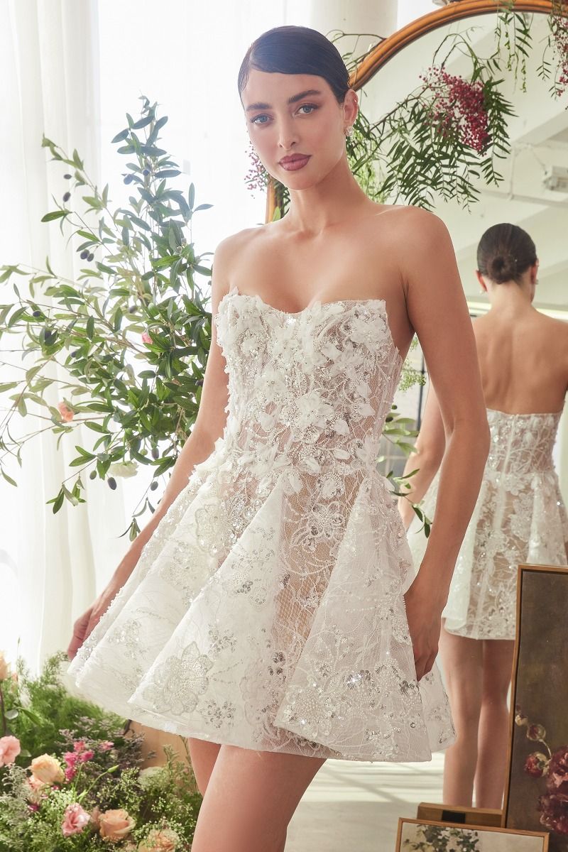 Strapless White Lace Mini Dress with 3D Floral Appliqué and Sequin Detail CDWL082-1