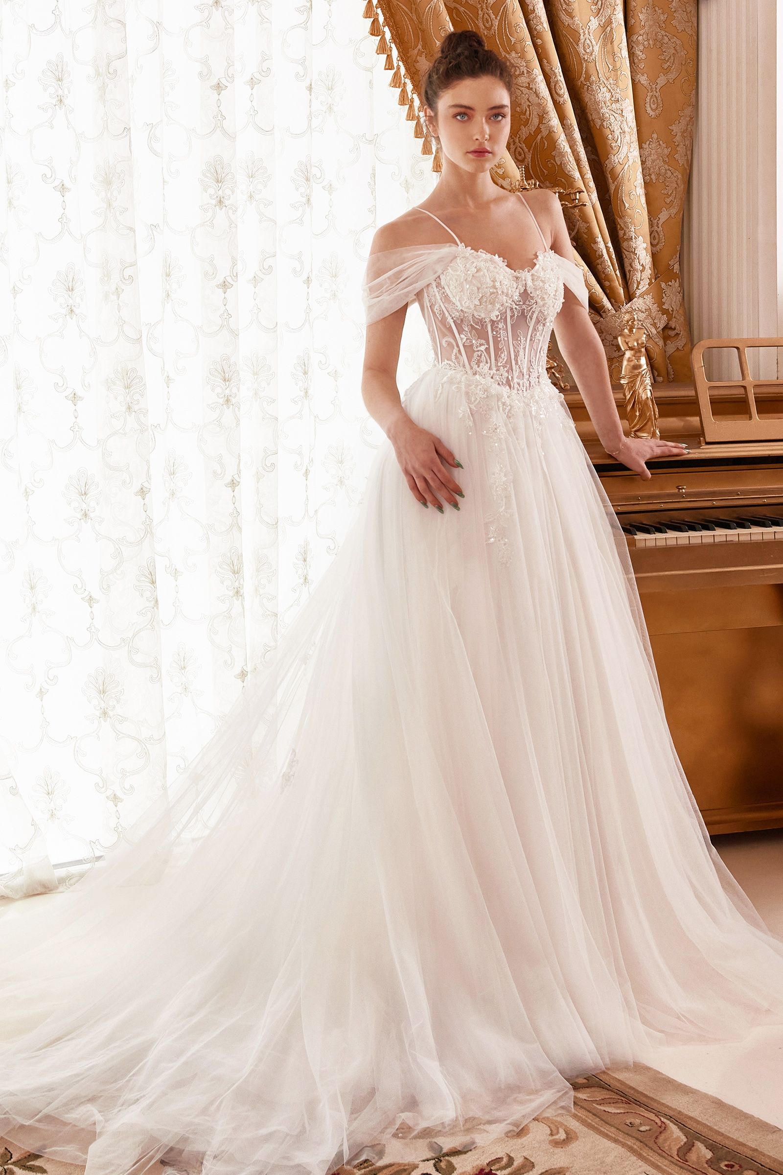 Off-Shoulder Corset Tulle Wedding Gown with Draped Sleeves and Train CDWN307-0