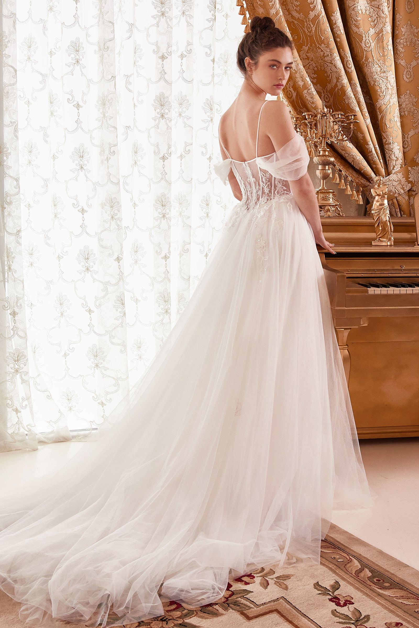 Off-Shoulder Corset Tulle Wedding Gown with Draped Sleeves and Train CDWN307-1