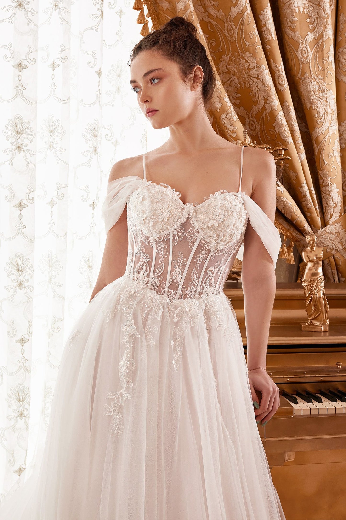 Off-Shoulder Corset Tulle Wedding Gown with Draped Sleeves and Train CDWN307-2