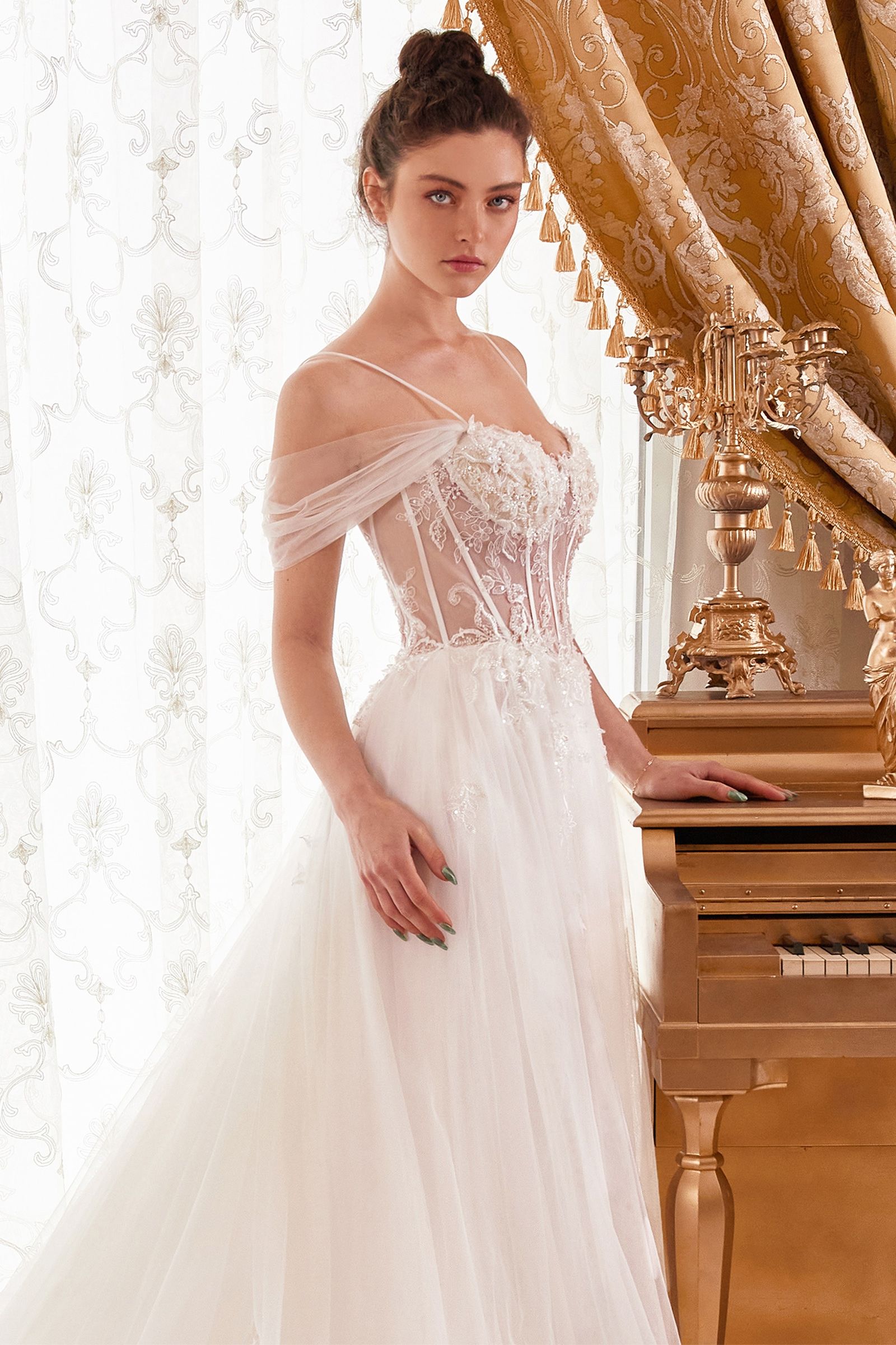 Off-Shoulder Corset Tulle Wedding Gown with Draped Sleeves and Train CDWN307-3