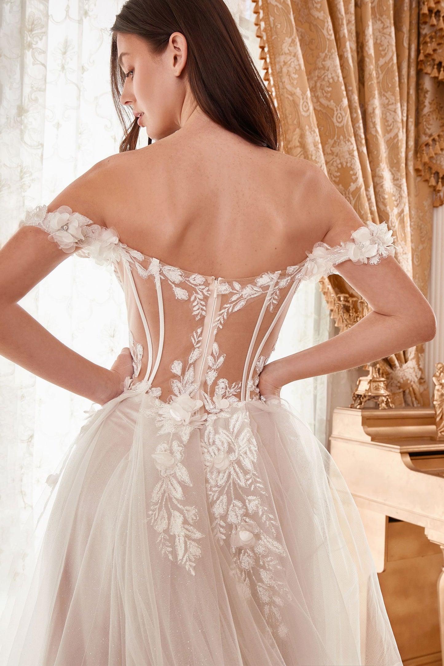 Off Shoulder Floral Applique A-Line Long Wedding Dress CDWN308