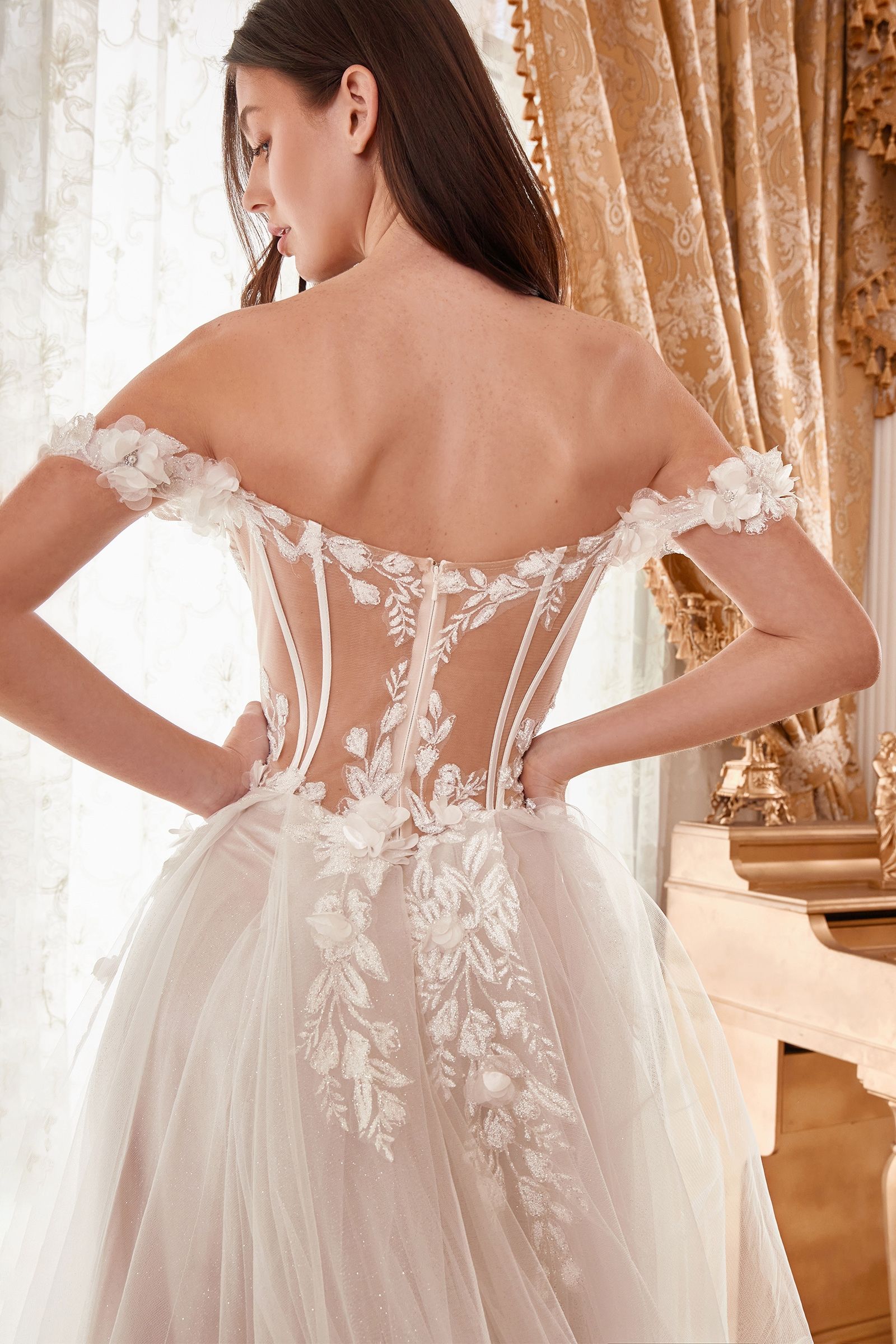 Off Shoulder Floral Applique A-Line Long Wedding Dress CDWN308