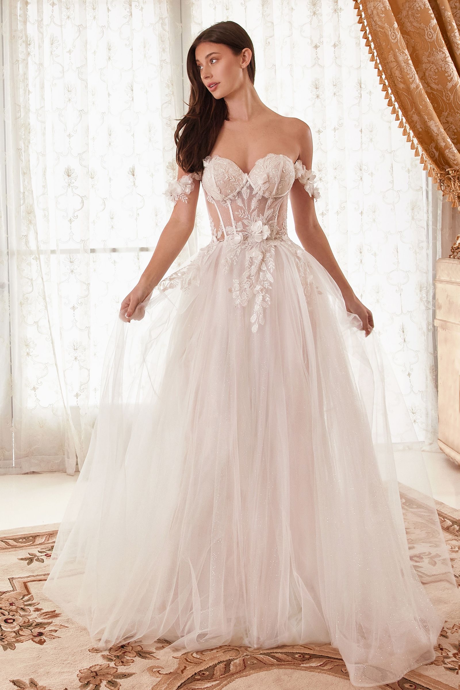 Off Shoulder Floral Applique A-Line Long Wedding Dress CDWN308