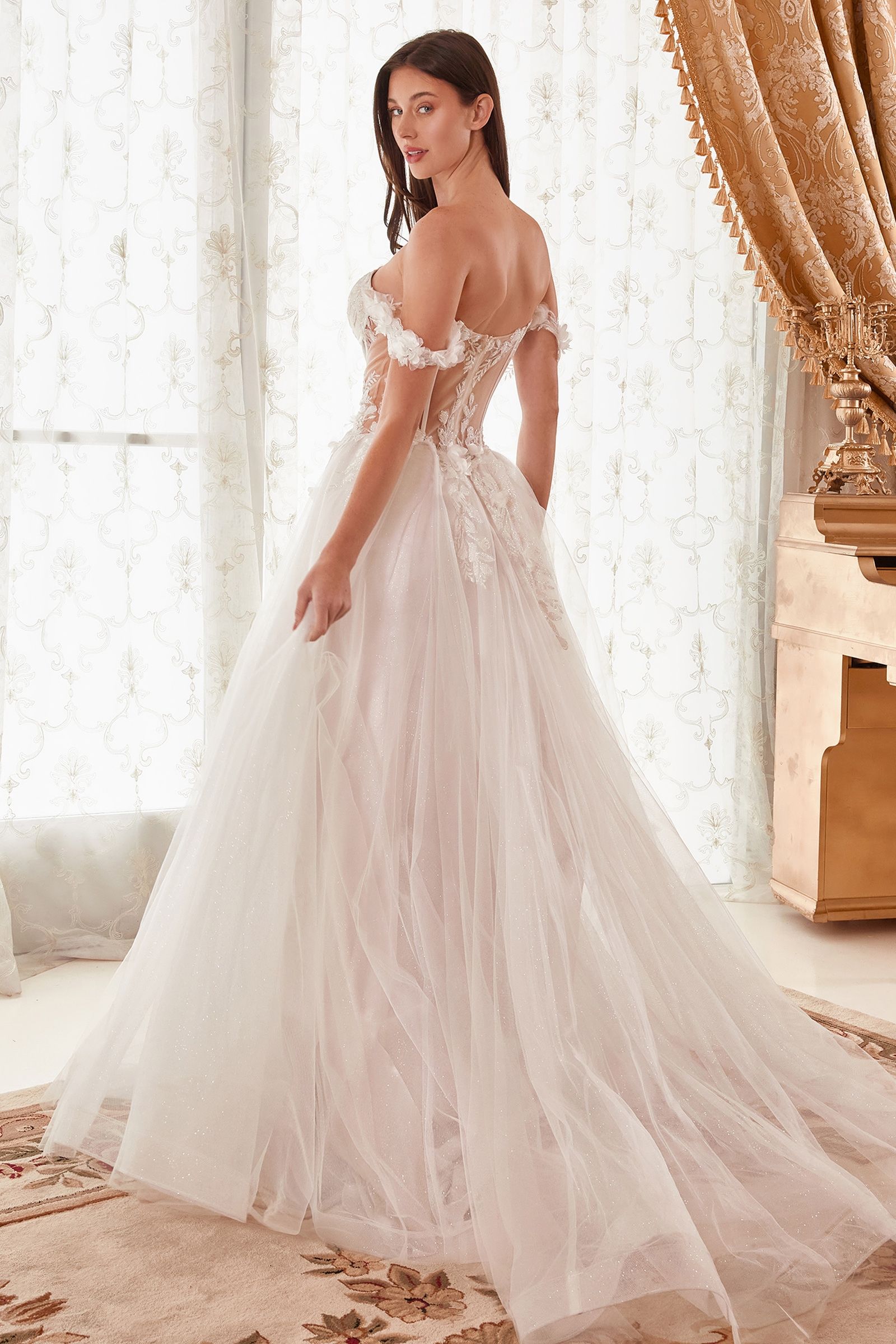 Off Shoulder Floral Applique A-Line Long Wedding Dress CDWN308