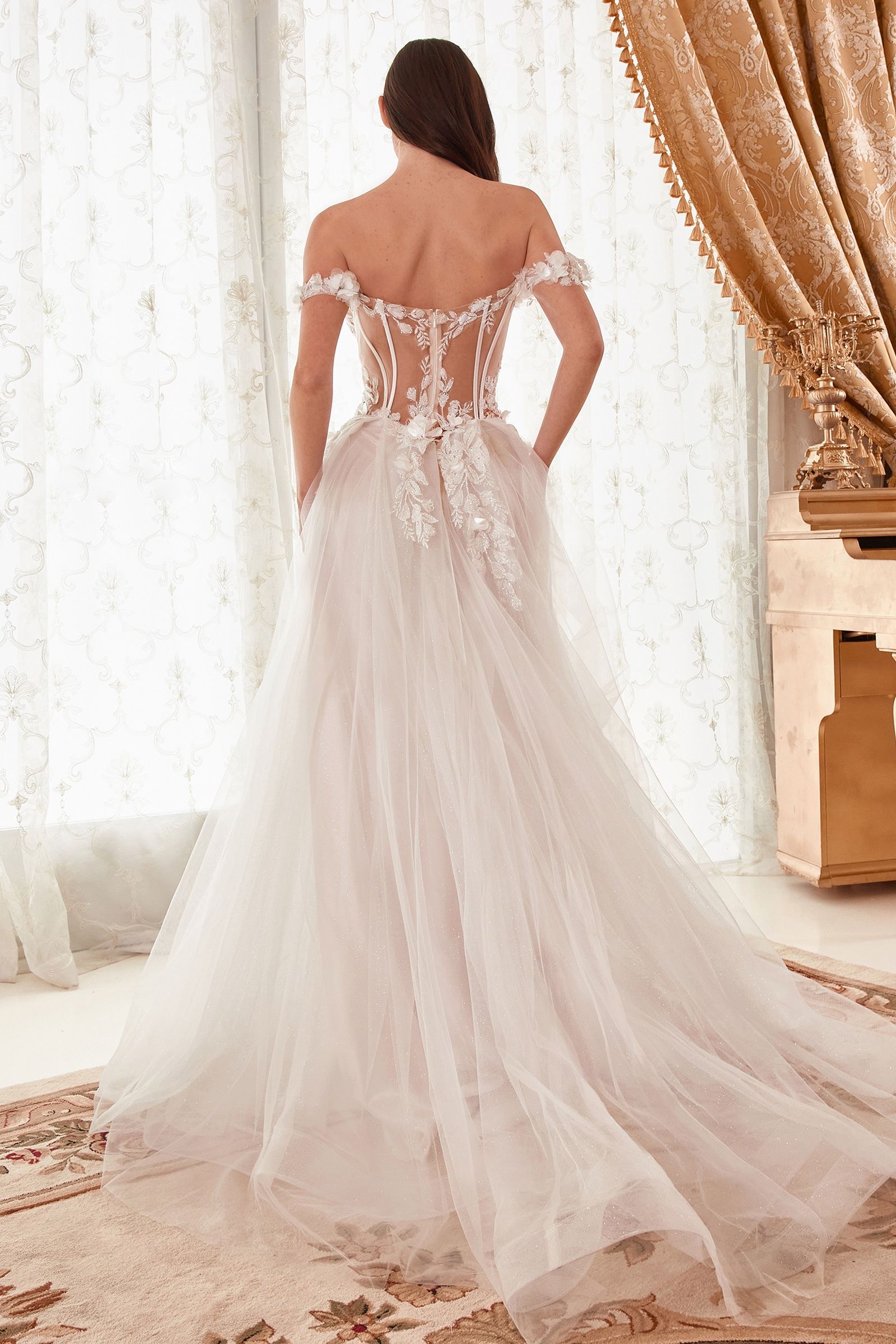 Off Shoulder Floral Applique A-Line Long Wedding Dress CDWN308